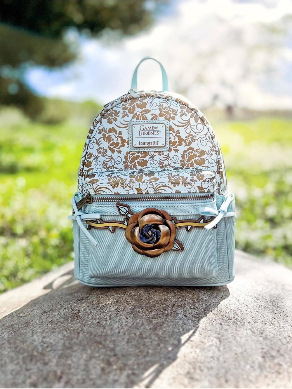 Loungefly Light Blue and Cream Floral Mini Backpack with Rose Emblem NWT
